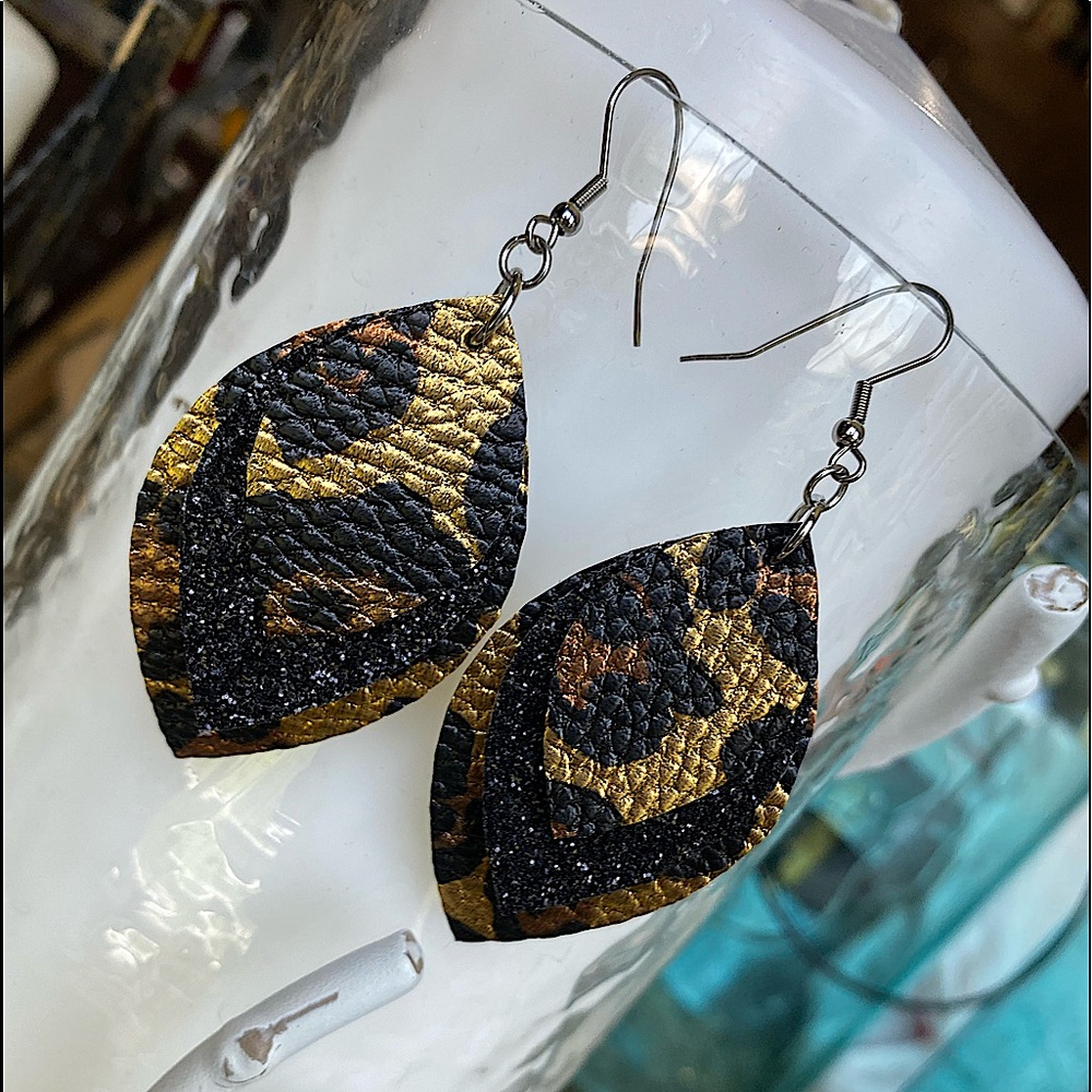 Leopard & Black Glitter Earrings Triple Layer